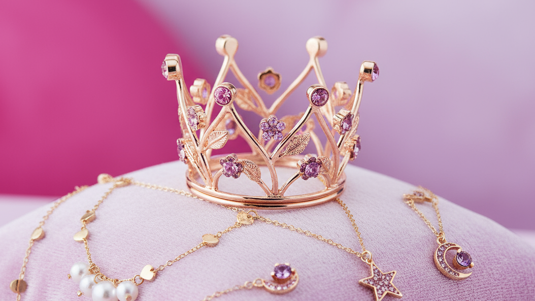 not too regal a crown with gold plated jewelry around. This is cutesy stuff